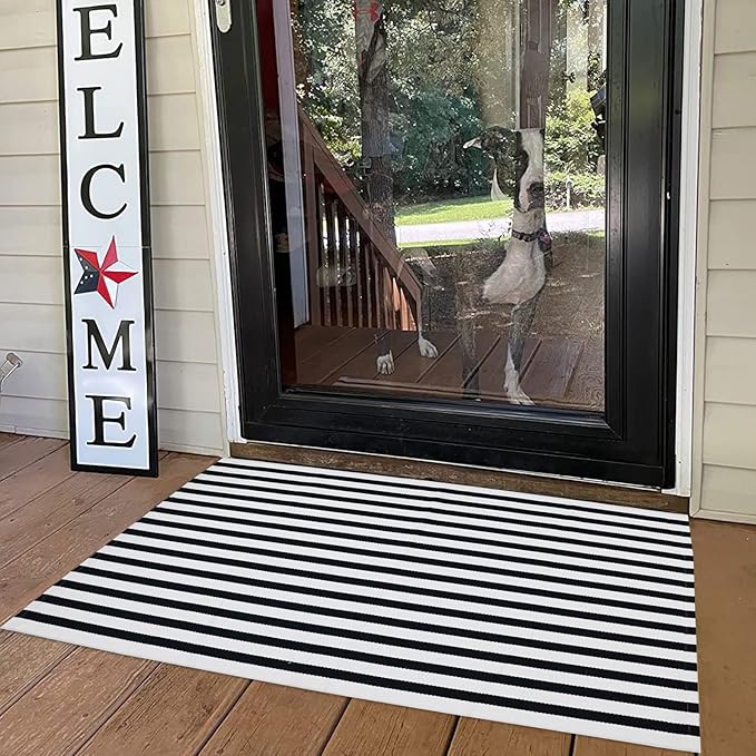 Black and White Striped Outdoor Rug Halloween Door Mat 27.5" x 43" Front Porch Rug Farmhouse Fall Layered Door Welcome Mat for Entryway/Home Entrance/Laundry Room