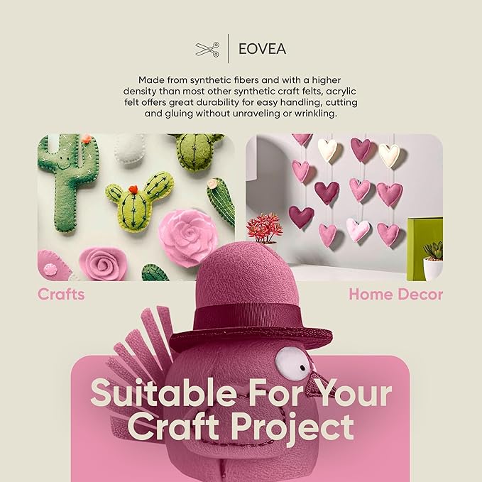 EOVEA | Acrylic Felt Fabric by The Yard - Non-Stiff, Soft Material - 72" Wide - 1.6mm Thick Felt Sheets for DIY Crafts, Sewing, Upholstery, Cushion, Padding(Baby Pink, 2 Yard)