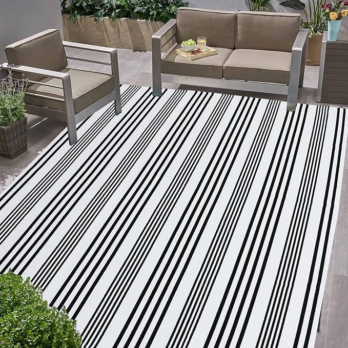 Black and White Striped Outdoor Rug 4' x 6' Front Porch Rug Machine Washable Front Door Mat Indoor/Outdoor Area Rugs Floor Mat for Farmhouse/Front Porch/Entryway/Laundry Room
