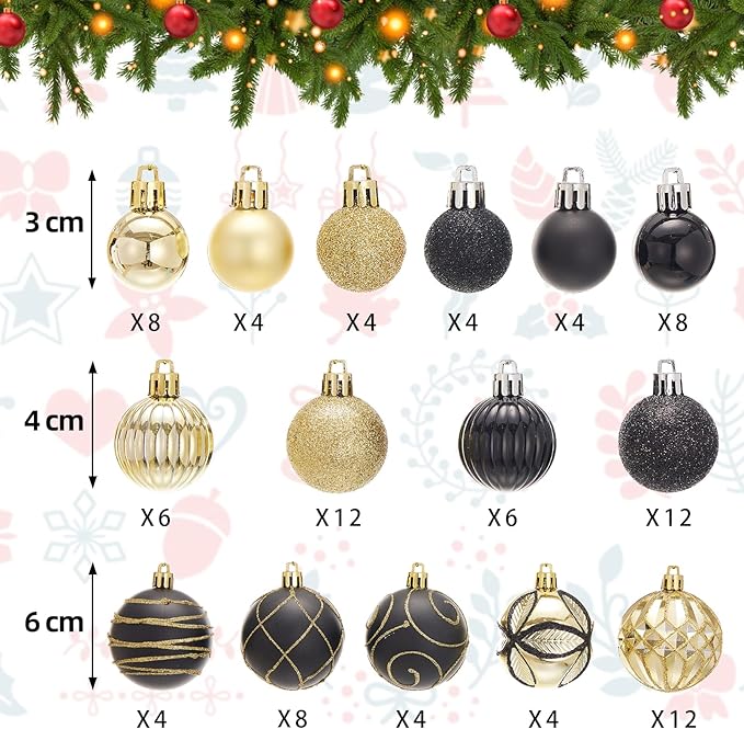 100Pcs Elegant Christmas Balls Set Christmas Tree Ornaments with Glitter and Patterns Bulk Ornaments for Tree as Festive Christmas Decor Xmas Ball Set Black Gold