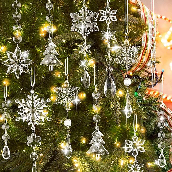 Lanpn 22pcs Christmas Ornaments Crystal Christmas Tree Decoration, Hanging Clear Acrylic Snowflake Icicle Drop Crystal Pendants for Xmas Tree Winter New Year Outdoor Indoor Party Decor (Transparent)