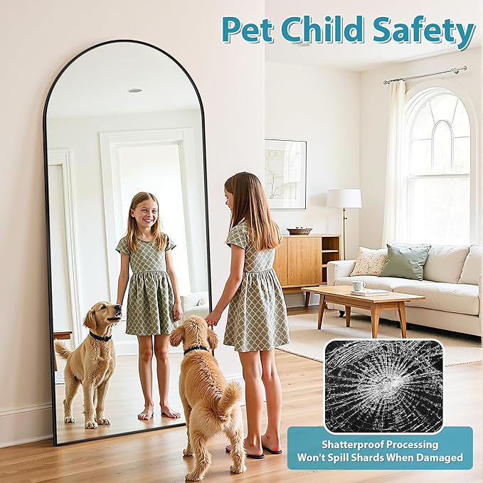 Full Length Mirror, 72"x44" Oversized Floor Mirror Freestanding, Full Body Mirror Floor Standing Mirrors with Stand, Hanging Mounted Mirrors for Bedroom Living Room, Black, Arched Style