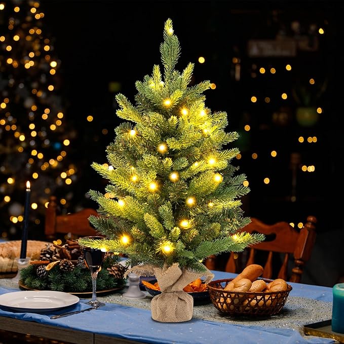 HAPPYGRILL 2 FT Tabletop Christmas Tree, Battery Operated Artificial Xmas Tree with 35 Warm White LED Lights, Small Spruce Fir Tree with 234 Tips and Solid Cement Base for Home Decor