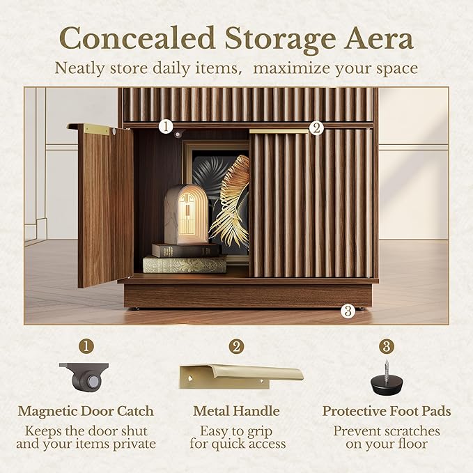 Bookshelf, Bookcase with Doors and 2 Drawers, Fluted Tall Bookshelf with 4-Tier Storage Shelves, 73 inch Wooden Book Shelf for Home Office, Living Room, Black Walnut