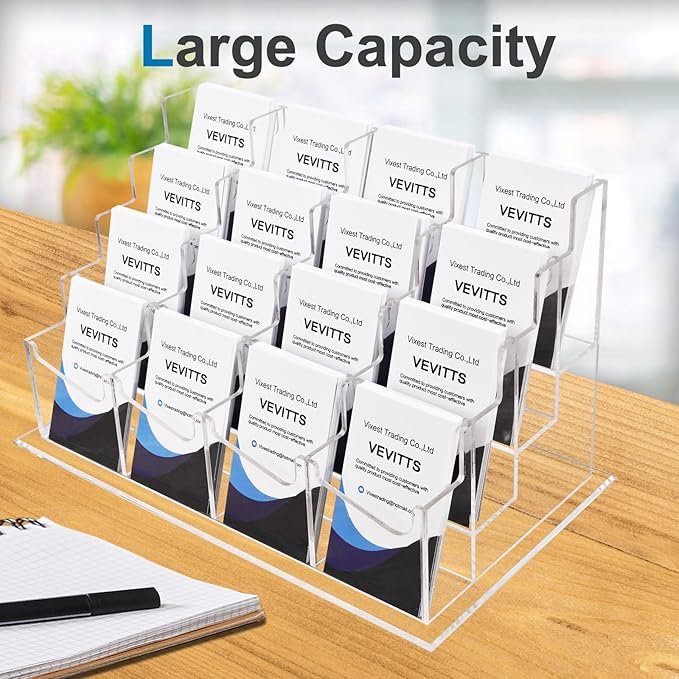 Clear Vertical Business Card Holder for Desk, Office Acrylic Business Card Display Holder Desktop Organizer Storage Cards Holders, Clear 4 Tiers 16 Pockets