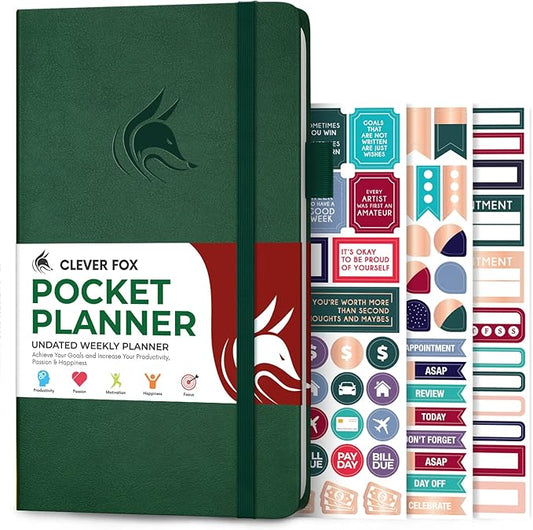 Clever Fox Pocket Planner Weekly – Undated Monthly Goal Planner and Calendar, Mini Planner Perfect for Purse, 3.7x6.7" (Forest Green)