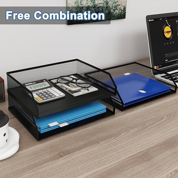 Natwind 3-Tier Stackable Paper Tray, Metal Mesh Desktop Organizer, A4 Desk Organizer, Stackable Letter Trays, File Folder Sorter Organizer with Sliding Tray for Home, Office, School (Black)