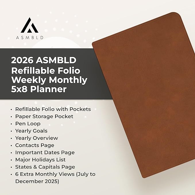 Blue Sky ASMBLD 2026 Weekly and Monthly Planner Calendar, January 2026 - December 2026, 5" x 8", Faux Leather Cover, Durable Twin Wire Binding, Storage Pocket, Laminated Tabs, Refillable, Pen Loop, Tan