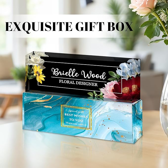 Ship Next Day Personalized Name Plate for Desk, Custom Acrylic Desk Name Sign, Office Appreciation Gifts for Women Men Coworkers Boss Teacher Employee (Flower)