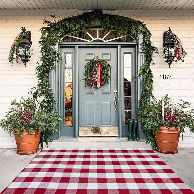 Buffalo Plaid Outdoor Rug, 4' x 6' Red&White Christmas Check Indoor/Outdoor Area Rug, Layering Rug for Hello/Welcome Door Mat, Machine Washable Cotton Woven Rug for Farmhouse Front Porch, Entryway