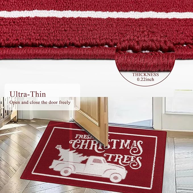 Christmas Doormat with Non Slip, Loop Pile Red and White Indoor Welcome Mat with Absorbent & Dirt-Trapping, Christmas Trees Truck Pattern, Porch Decor Outdoor Front Door Mat 32x48 Inch