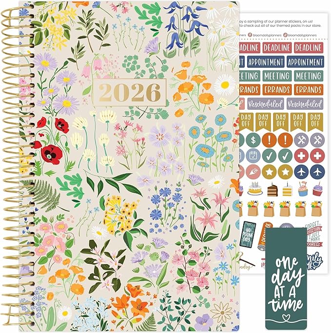 bloom daily planners 2026 Planner (January - December) Calendar Year Organizer - 5.5” x 8.25” - Weekly & Monthly Agenda Book with Stickers & Bookmark - Garden Party, Beige