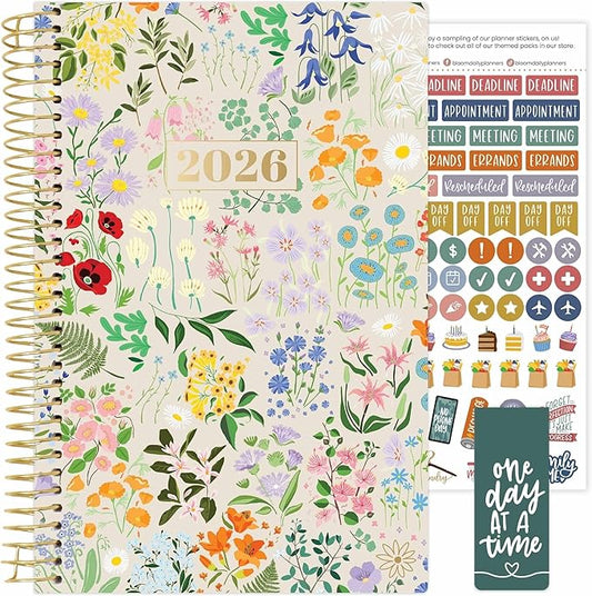bloom daily planners 2026 Planner (January - December) Calendar Year Organizer - 5.5” x 8.25” - Weekly & Monthly Agenda Book with Stickers & Bookmark - Garden Party, Beige