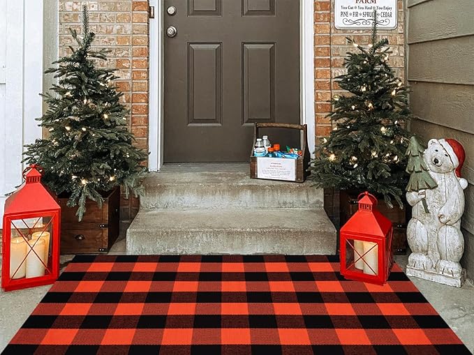 Fall Plaid Area Rug 3x5 Ft, Orange and Black Buffalo Check Large Farmhouse Cotton Rug, Hand-Woven Washable Indoor Outdoor Carpet for Halloween Thanksgiving Autumn Porch Patio Decor