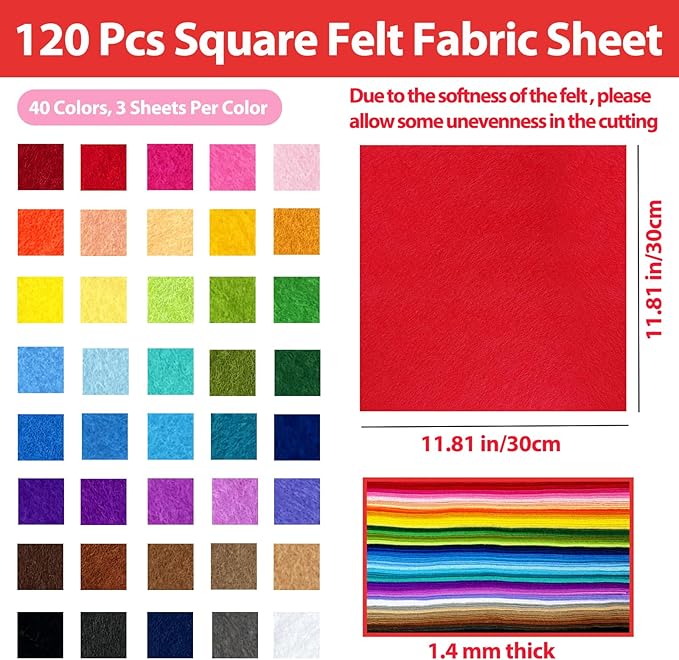 120 PCS Soft Felt Sheets for Crafts 1.4 mm Thickness, 40 Color 11.8 x 11.8 Inch Assorted Felt Squares Bulk for Sewing Patchwork School DIY Projects Decoration