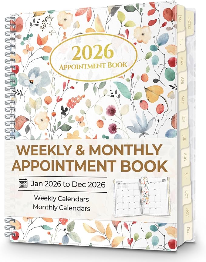 CRANBURY Daily Planner 2026, 8.5x11 Appointment Book, Jan to Dec 2026, 15-Min Hourly Scheduler, Large Planner Book with Colorful Tabs, Premium Paper (Floral)
