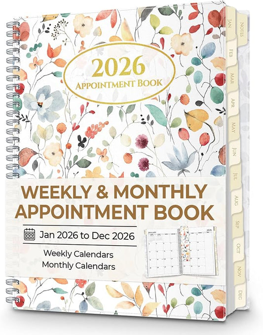 CRANBURY Daily Planner 2026, 8.5x11 Appointment Book, Jan to Dec 2026, 15-Min Hourly Scheduler, Large Planner Book with Colorful Tabs, Premium Paper (Floral)