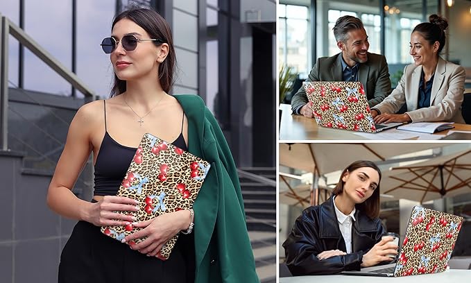 DONGKE for MacBook Air 13 Inch Case 2021-2018, Compatible with A2337 M1 A2179 A1932 Support Retina Display & Touch ID, Hard Shell Plastic Cover with Keyboard Skin - Cherry & Leopard