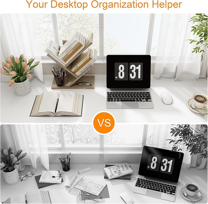 Tajsoon 3 Tier Tree Bookshelf, Small Bookshelf, Desktop Bookshelf Floor Standing Bookcase Display for CDs/Magazine/Books, Book Organizer Shelves for Bedroom, Living Room, Office, Greige