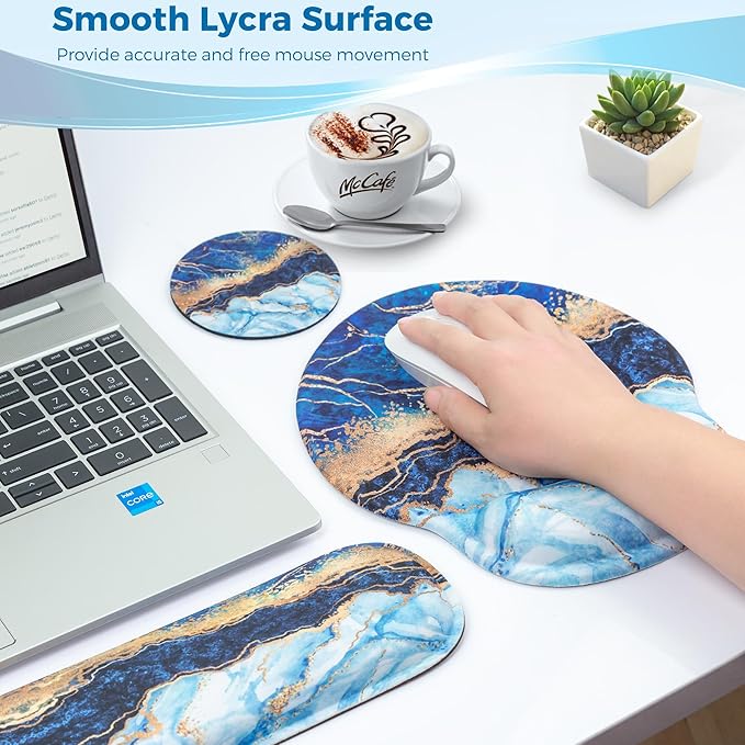 Mouse Pad with Non-Slip PU Base,Gel Mouse Pad with Coaster,Pain Relief for Gaming, Computer,Office -White Blue Marble