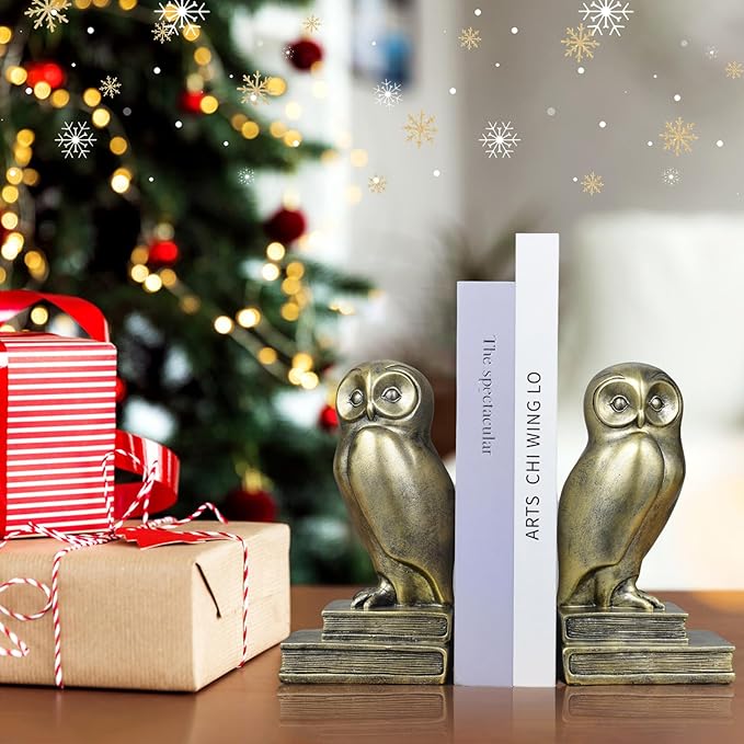 Vintage Gold Owl Bookends,Resin Animal Decorative Book Ends for Shelves,Book Holder with Anti-Slip Base,Luxurious Bird Bookends for Kids Rooms Office Home Decor,Unique Book Lover Gift