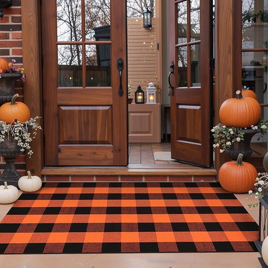KIMODE Fall Outdoor Rug Buffalo Plaid Orange and Black 3'x5',Washable Cotton Halloween Door Mat,Reversible Fall Front Porch Rug Decor,Checkered Layering Rugs for Entryway,Front Door