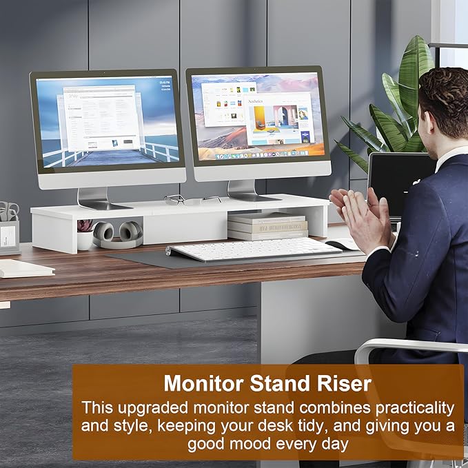 Dual Monitor Stand Riser for Desk with LED Lights, Large Computer Monitor Stand for 2 Monitors, Desk Shelf for Top of Desk, Desktop Organizer for Computer, Laptop, Printer, TV