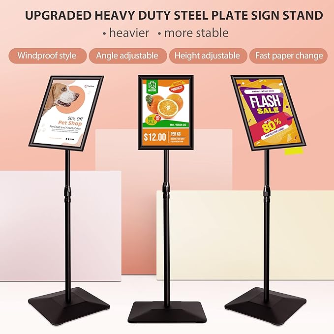 3 Packs Heavy Duty Pedestal Poster Sign Stand, 8.5"x11" Adjustable Floor Standing Sign Holder with 6.6Lbs Solid Steel Base for Vertical and Horizontal View Sign Displayed Stands, Black