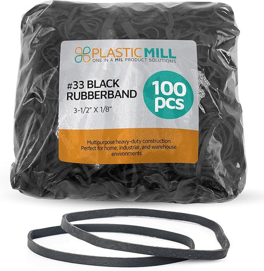 Plastic Mill Rubber Bands Thick Size #33 | Black Durable RubberBands 100 /pack | 3 1/2 x 1/8" Multi-Purpose wide | Elastics large Long Rubber for Office Supply, File Folders, box, Books, gifts, Notebook|