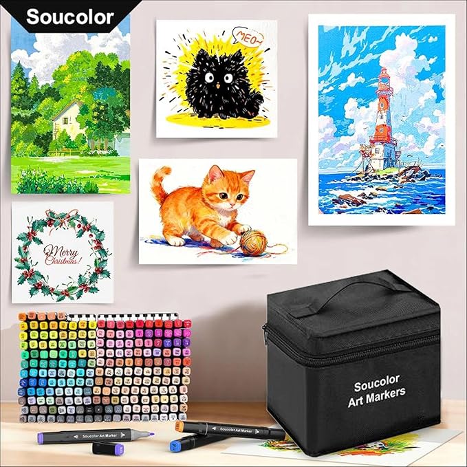 Soucolor Alcohol Markers 120 Colors with Case & Holders, Dual Tips Chisel & Fine Art Markers for Adult Coloring Kids Drawing, Artist Markers Art Supplies for Blending Sketching