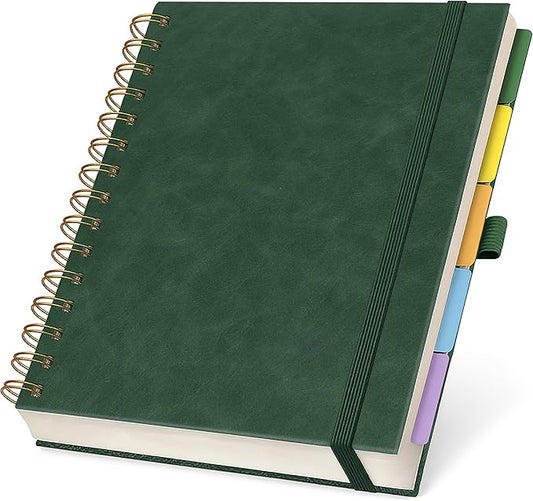 Hardcover Leather Lined Spiral Notebook 8x10" with Removable Dividers - Green - 300 Pages 5 Subject College Ruled Notebook for Work with Tabs, Pockets, and Pen Loop for Note Taking, Large Journal