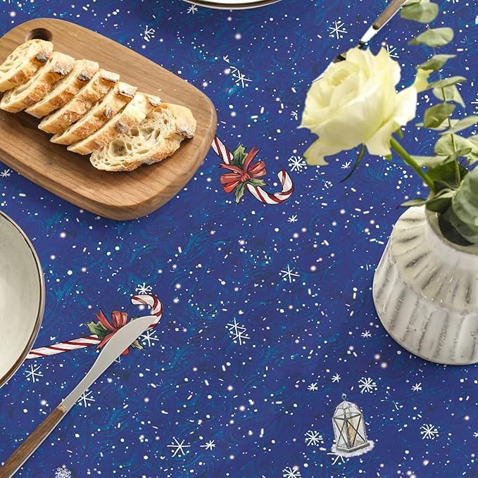 Horaldaily Christmas Tablecloth 90×90 Inch Round, Winter Snowman House Christmas Trees Blue Washable Table Cover for Party Picnic Dinner Decor