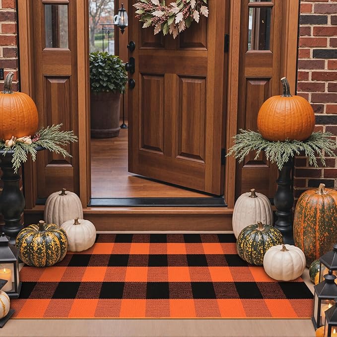 KIMODE Fall Outdoor Rug Buffalo Plaid Orange and Black 24"x51",Washable Cotton Fall Halloween Door Mat,Reversible Checkered Layering Rugs for Entryway,Halloween Front Porch Decor