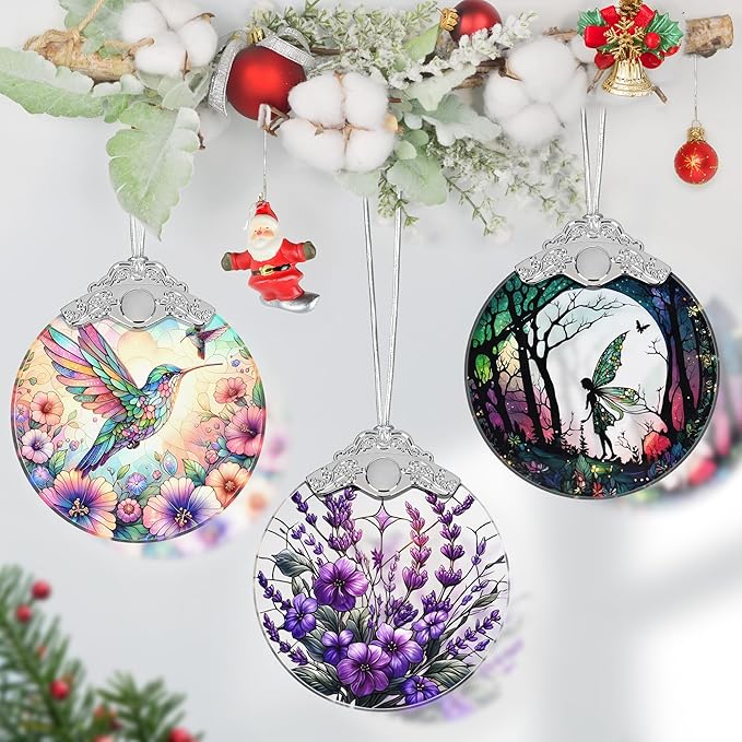 Touber Stained Glass Christmas Ornament, Purple Bauhinia & Violets, 3x3.5 Inch, Hanging, Christmas Tree Decoration