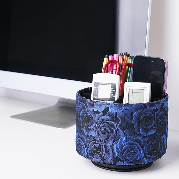 QIELIZI Round Leather Art Supply Organizer,Remote Control Holder,360 Degree Rotating,Multi-Functional Pencil Holder,4 Compartments Desktop Stationary Organizer(1-3D Rose Blue)