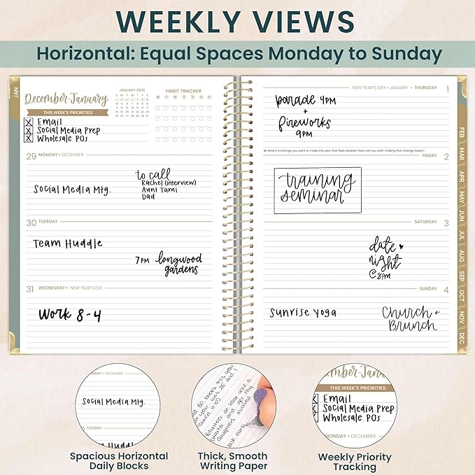 bloom daily planners HARDCOVER 2026 Planner (January to December) - 8.5” x 11” Weekly & Monthly Dated Agenda Organizer Book with Stickers & Tabs - Green Linen