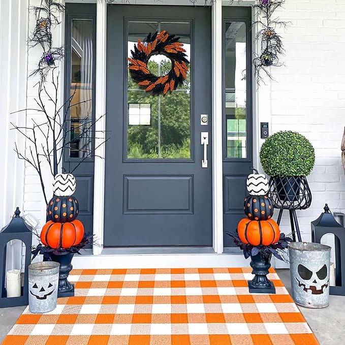 Buffalo Plaid Outdoor Rugs, 3'x5' Orange and White Checkered Indoor/Outdoor Area Rug, Layering Rug for Hello/Welcome Door Mat, Washable Cotton Woven Farmhouse Mat for Fall Front Porch Décor