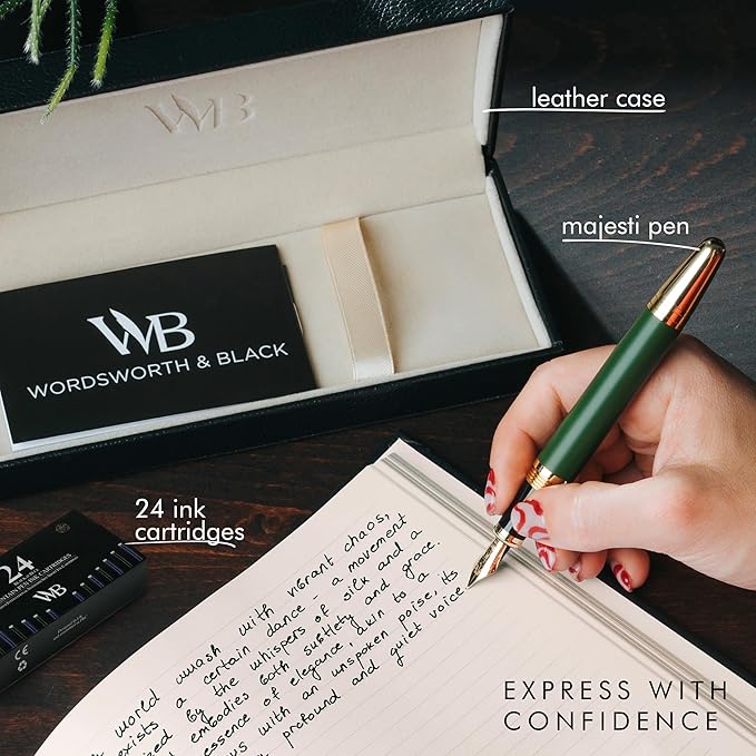 Wordsworth & Black Majesti Fountain Pen-(Green), Luxury Case, 24K Gold Finish; 18K Gilded Medium Nib- Ink Cartridges, Refillable Ink Converter-Calligraphy Pen-Best Business Gift Set for Men & Women