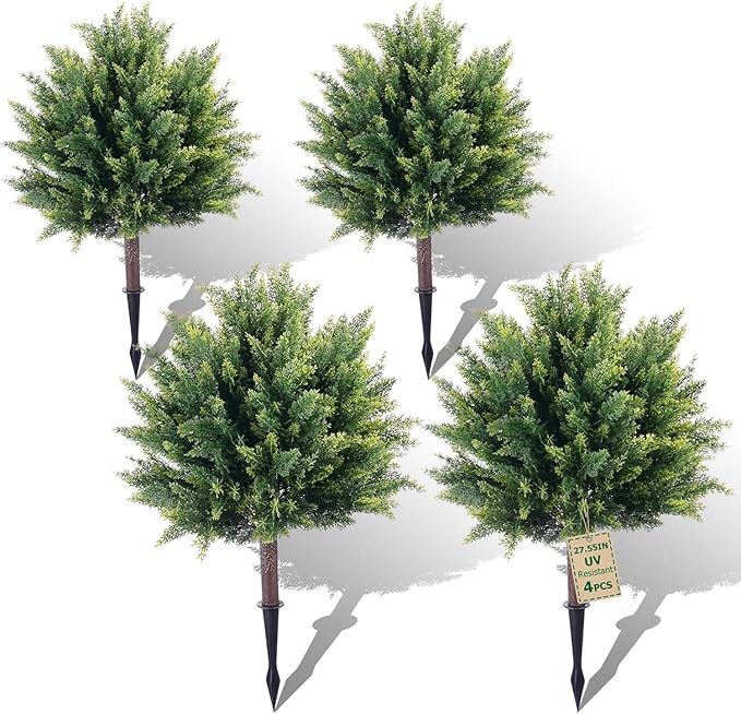24inch Artificial Cedar Christmas Tree, Norfolk Pine Tree. 4 Sets Faux Cypress Topiary with Spikes Outdoor Christmas Tree Front Porch Decor, Fake Shrubs Planters, Christmas Pot Fillers Urn Filler
