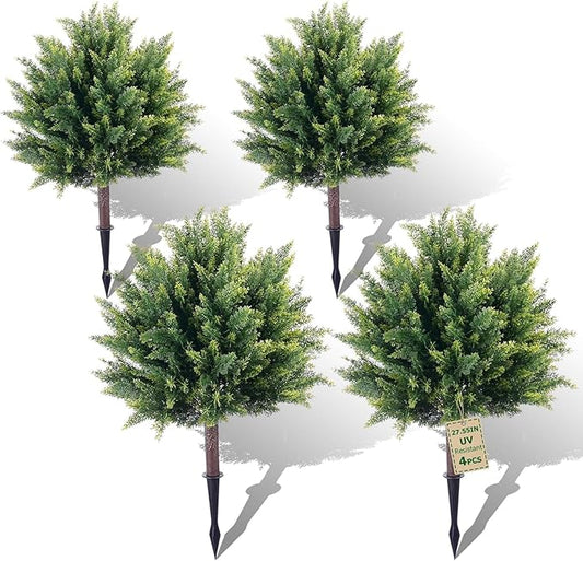 24inch Artificial Cedar Christmas Tree, Norfolk Pine Tree. 4 Sets Faux Cypress Topiary with Spikes Outdoor Christmas Tree Front Porch Decor, Fake Shrubs Planters, Christmas Pot Fillers Urn Filler