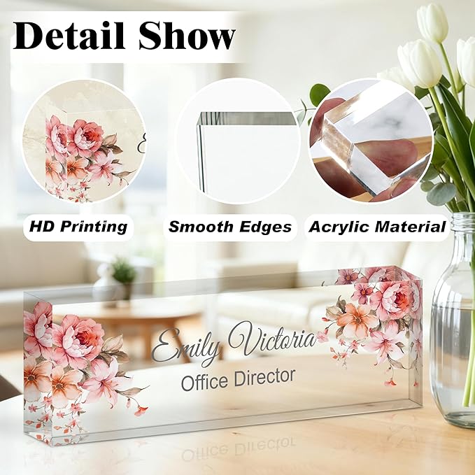Ship Next Day-Custom Name Plate for Desk, Desk Name Plate Personalized, Acrylic Office Desk Accessories, Appreciation Gifts for Coworkers Employee Teachers Boss Women Men (Peony)
