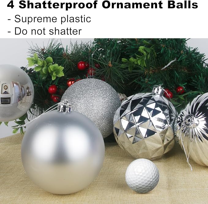 Silver 4.0" Large Christmas Balls - Christmas Tree Decoration Ornaments Shatterproof Hanging Balls for Birthday Halloween Holiday Wedding Decorations Set of 4pcs