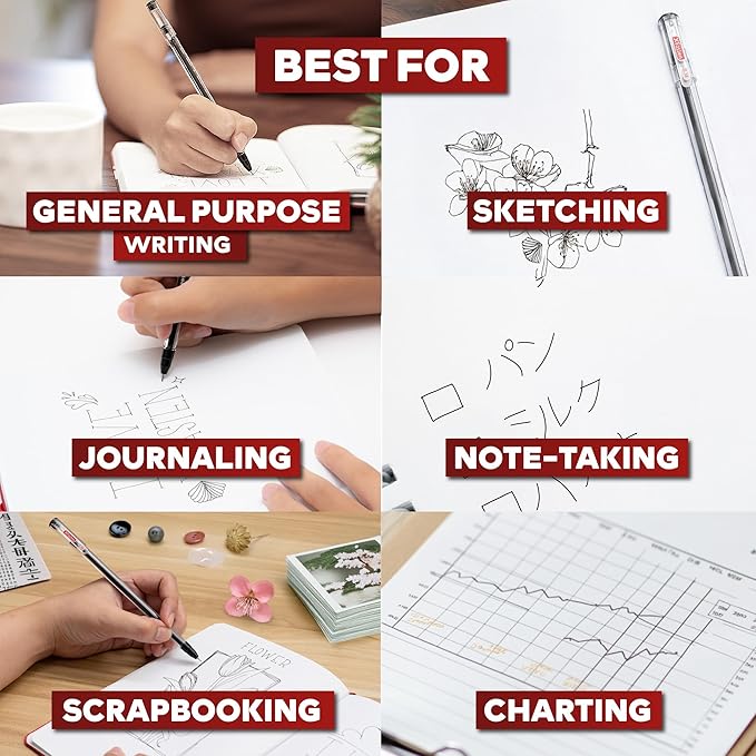 XFasten Extra Fine Point Pens 0.38mm 24-Pack Japanese-Style Fine Tip Gel Ink Ballpoint Pen Black, Smooth Ink Flow, Smudge-Free, Quick-Drying, No Smear for Journaling, Note-Taking, Office, and School