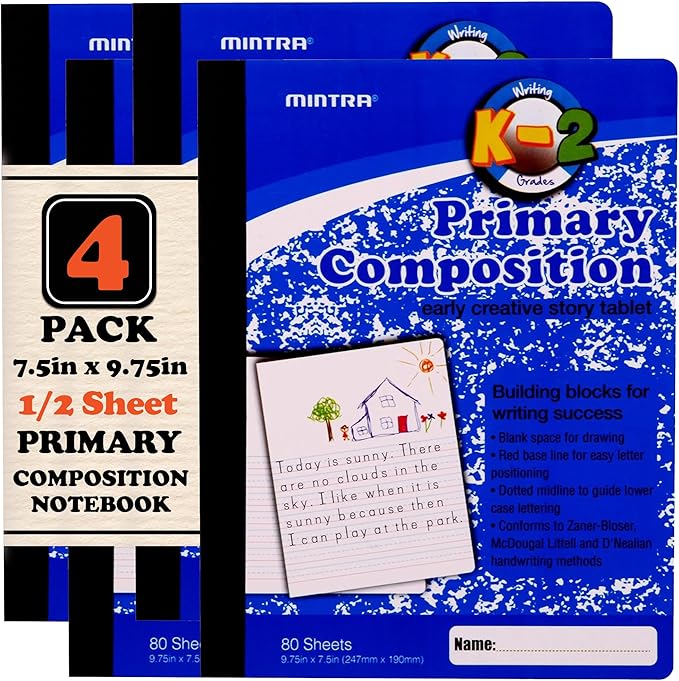 Mintra Primary Composition Notebook, 4 Pack, Blue Cover, 80 Sheets, 7.5in x 9.75in, 1/2 Sheet, Ruled with Drawing Area, Flexible Hardcover Journal , Grades K-2, School & Home Use