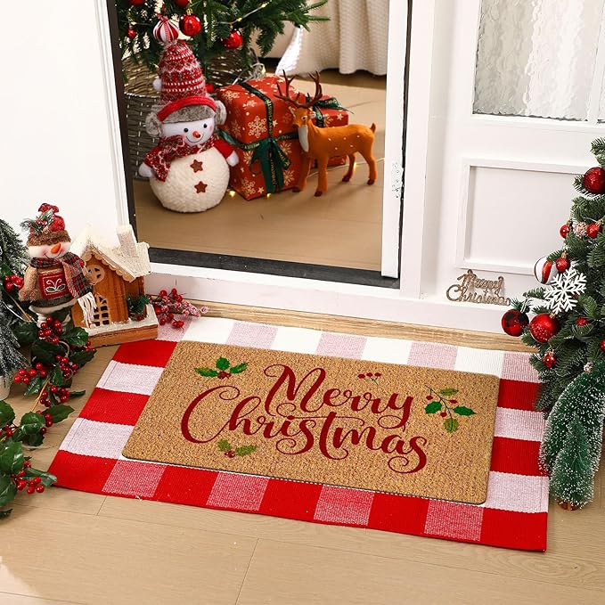 2 Pcs Merry Christmas Door Mat Outdoor Christmas Nature Coir Welcome Outdoor Rug Red White Checked Xmas Front Porch Rugs Non Slip Floor Mats Indoor Entrance Decor