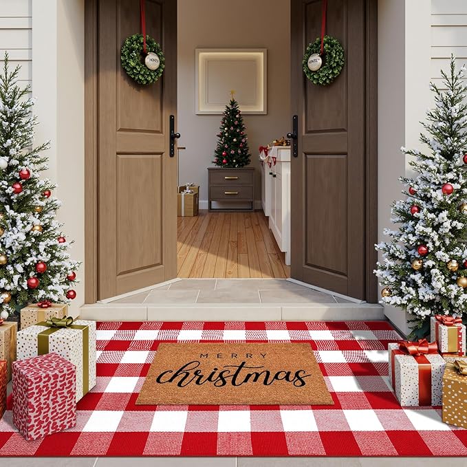 KIMODE Christmas Door Mats Outside 3'x5', Red and White Buffalo Plaid Rug, Farmhouse Christmas Front Door Mat, Washable Reversible Outdoor Christmas Decor for Front Porch Entryway Kitchen
