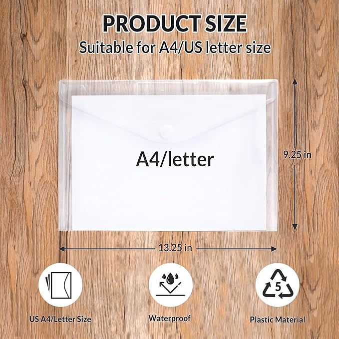 SUNEE 24 Pack Plastic Envelopes, Clear Folders for Document for A4 Letter Size, Poly File Folders with Label Pockets for School Home Office Organizer Work Supplies