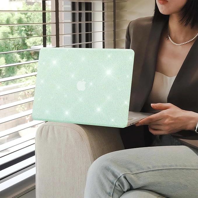KEROM Bling Glitter Case for MacBook Air 13 inch 2022-2018 M1 A2337 A2179 A1932, MacBook Air M1 Case, Luxury Bedazzled Shiny Sparkle PU Leather Hard Shell & Keyboard Cover for Mac Air 13 M1, Green