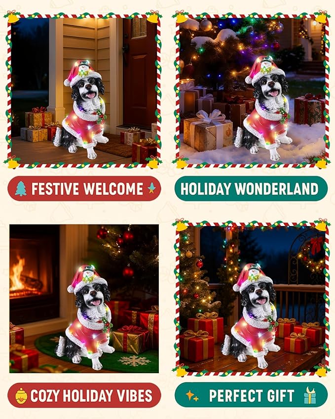Christmas Outdoor Decoration Dog Statue, LED Light Cute Springer Spaniel Dog Sculpture with Santa Outfit & Lights for Garden and Yard, Indoor Holiday Décor Gift for mom and dad