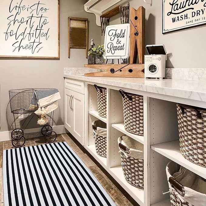 Black and White Striped Outdoor Rug Halloween Door Mat 27.5" x 43" Front Porch Rug Farmhouse Fall Layered Door Welcome Mat for Entryway/Home Entrance/Laundry Room